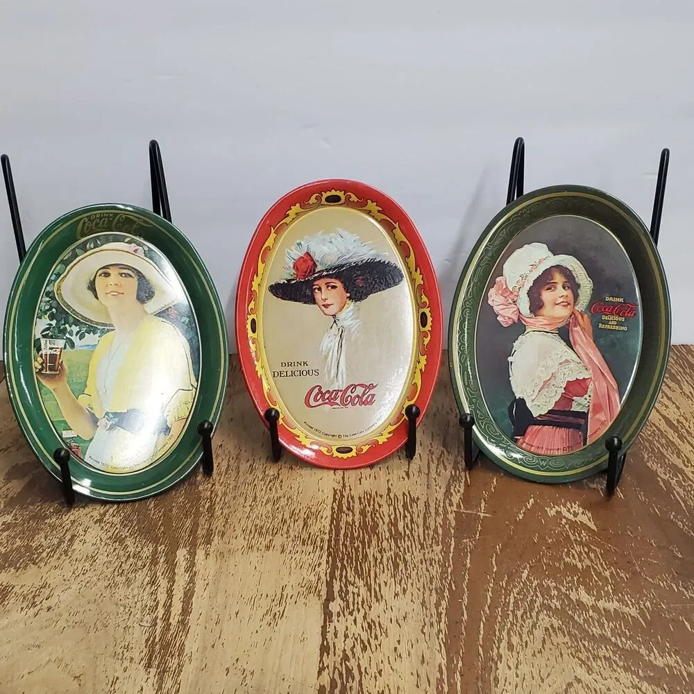 Vintage 1973 Coca Cola Mini Tin Tip Trays Oval Coke Girls Advertising Lot of 3
